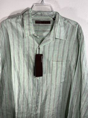 Perry Ellis 100% Linen ‘Light Grass’ Green White Black stripe Mens Size XL Shirt